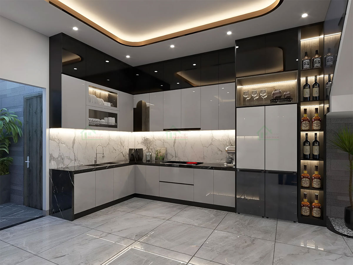 Mẫu Tủ Bếp Acrylic An Cường Màu Xám Bóng Gương Đẹp Hiện Đại TBA56