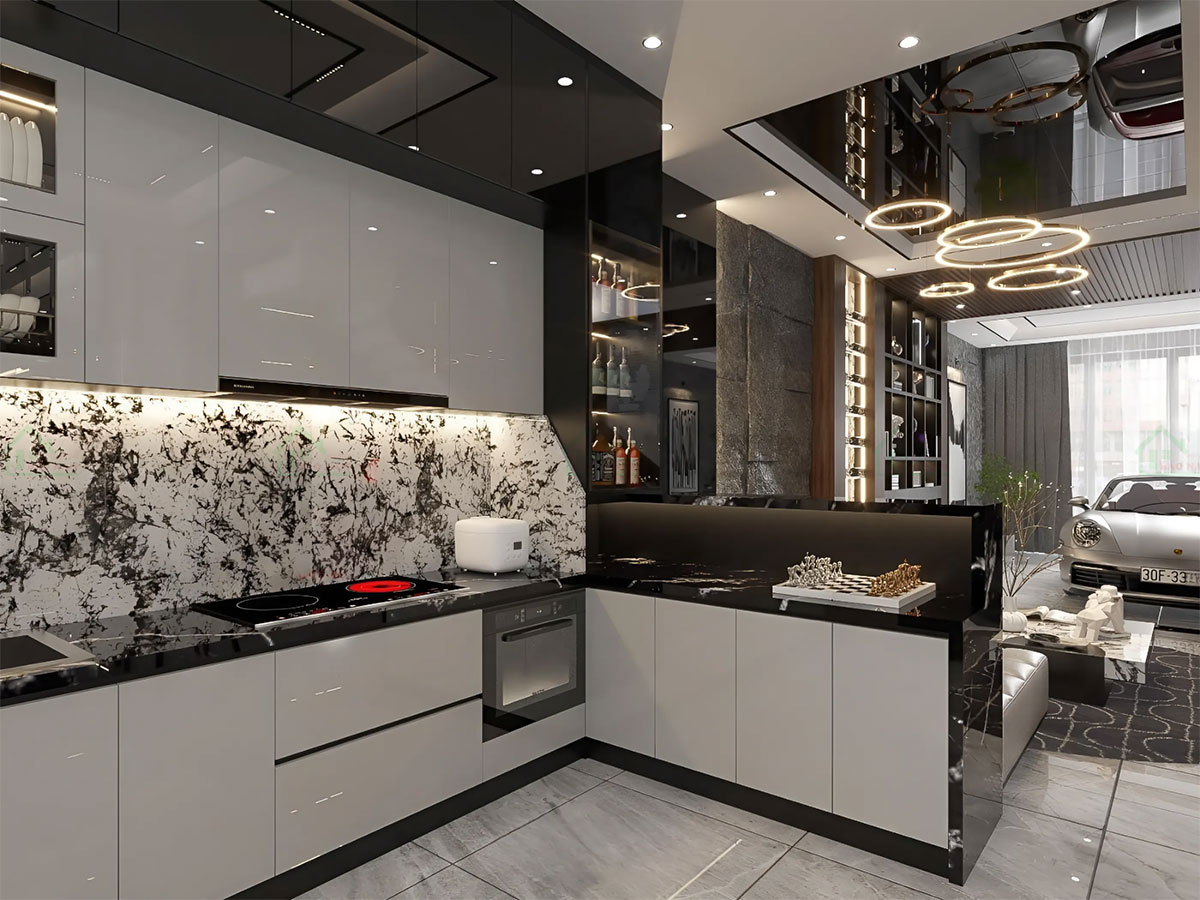 Cánh tủ sử dụng chất liệu acrylic màu xám nhạt bóng gương, mang phong cách hiện đại.