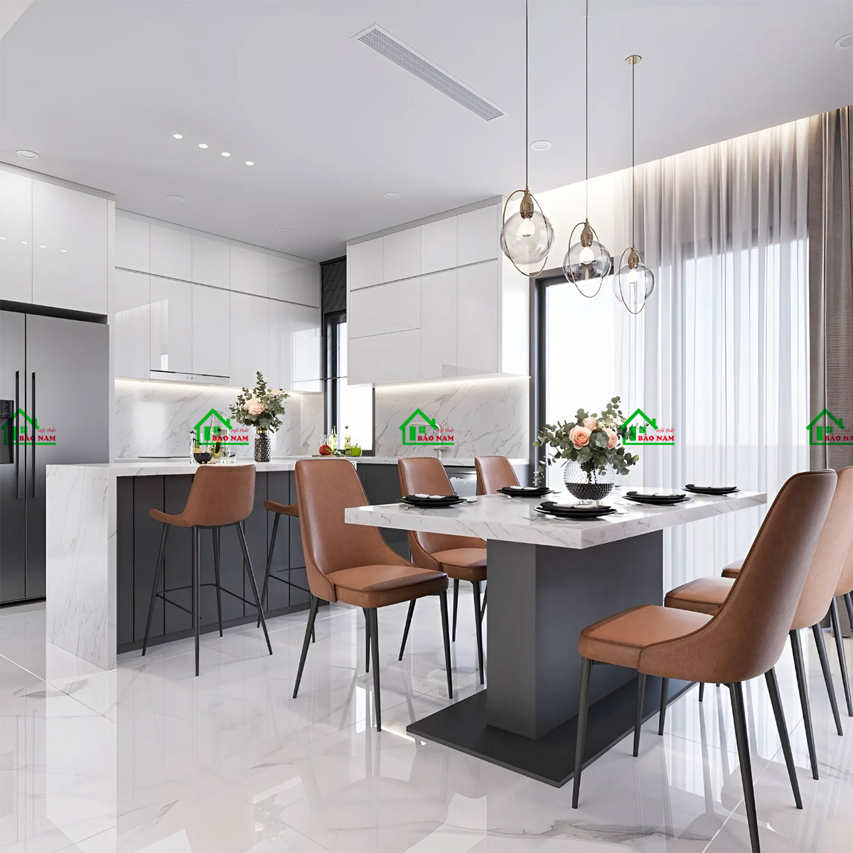 Tông màu chủ đạo là trắng - xám, mang lại vẻ đẹp hiện đại, tinh tế và đẳng cấp.
