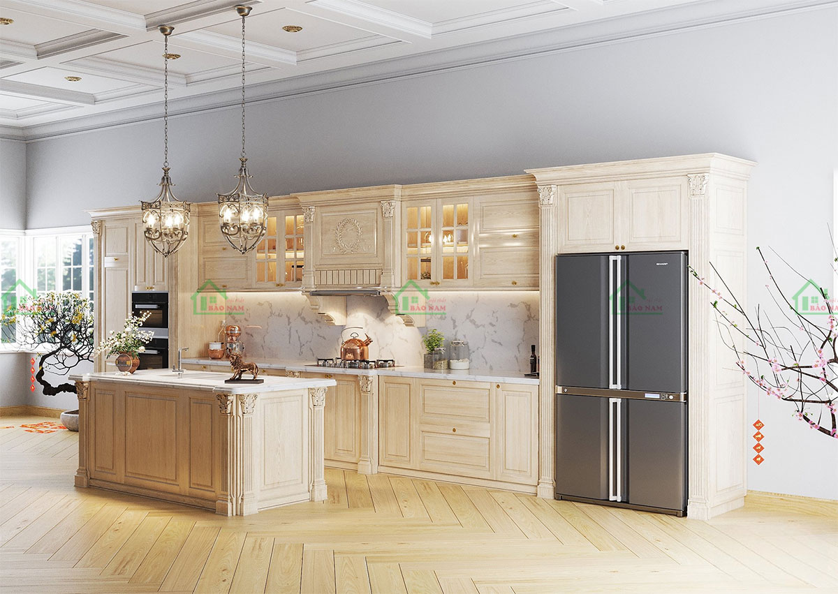 Mẫu tủ bếp BTN07 sử dụng gỗ tự nhiên Sồi cao cấp, mang lại vẻ đẹp cổ điển và độ bền cao.