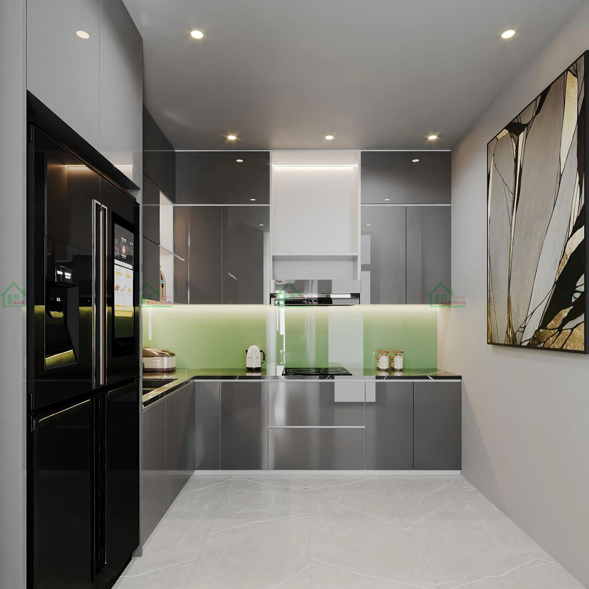 Mẫu Tủ Bếp Chữ L Acrylic Bóng Gương Màu Xám Đẹp Hiện Đại TBA59
