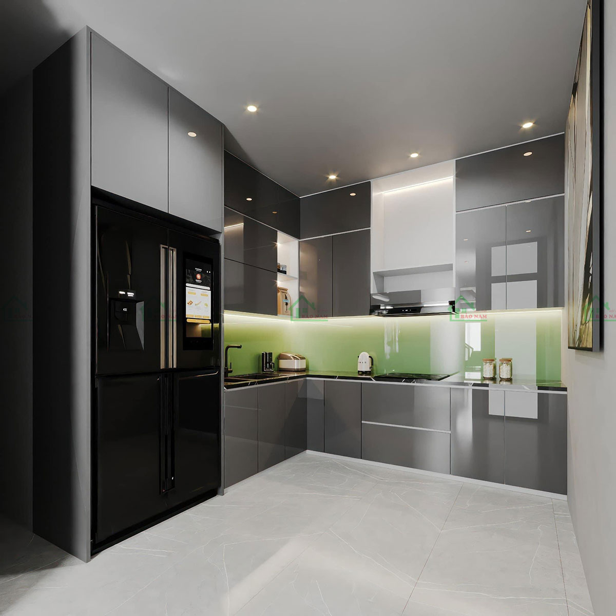 Cánh acrylic bóng gương màu xám hiện đại. Tạo nên điểm nhấn ấn tượng cho không gian.