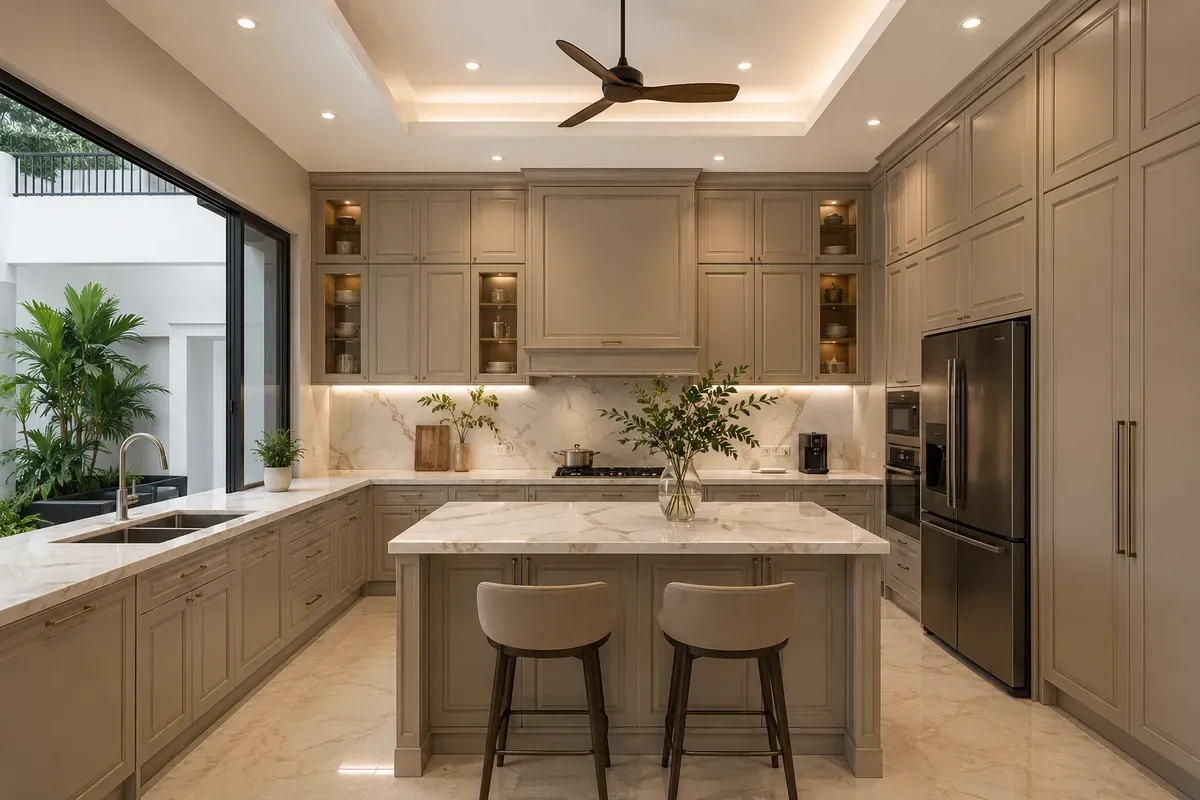 Tủ bếp chữ U phù hợp không gian rộng.