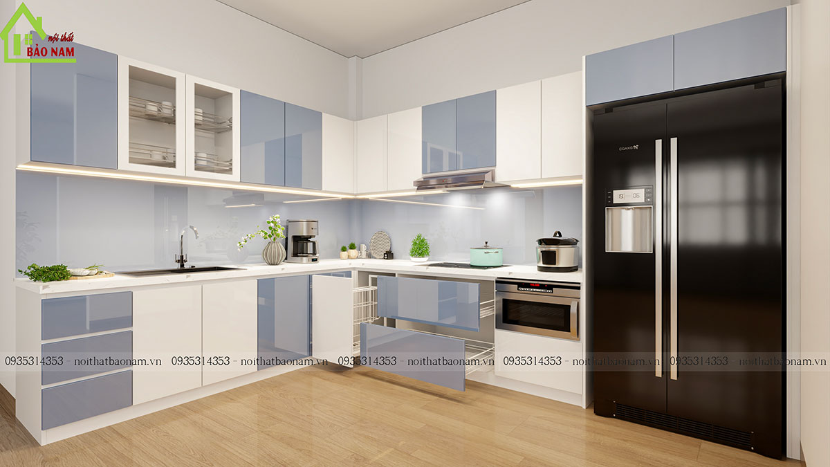 Mẫu Tủ Bếp Gỗ Công Nghiệp MDF Phủ Acrylic Bóng Gương Hiện Đại Đẹp TBA54