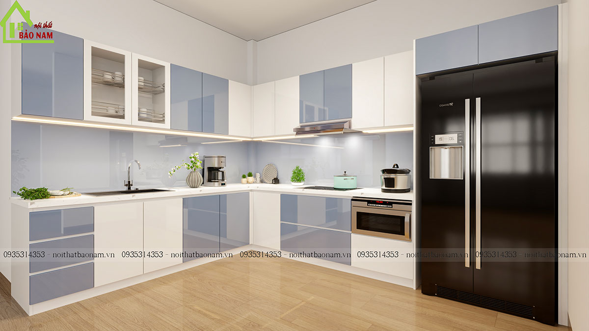Cánh Acrylic bóng gương phối giữa màu xanh nhạt và màu trắng tinh tế, kết hợp xen kẻ tạo điểm nhấn độc đáo.