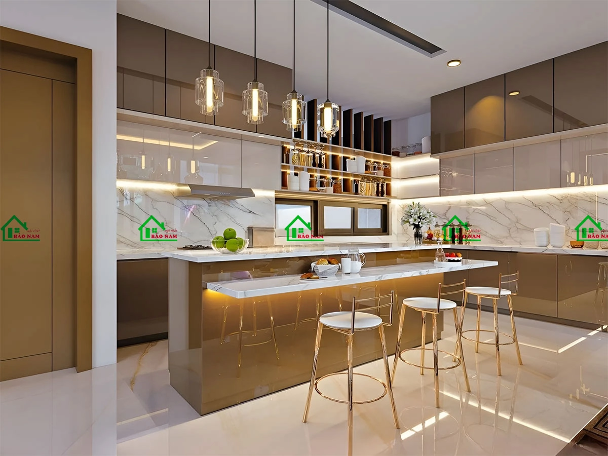 Tủ bếp acrylic bóng gương kết hợp quầy bar sang trọng