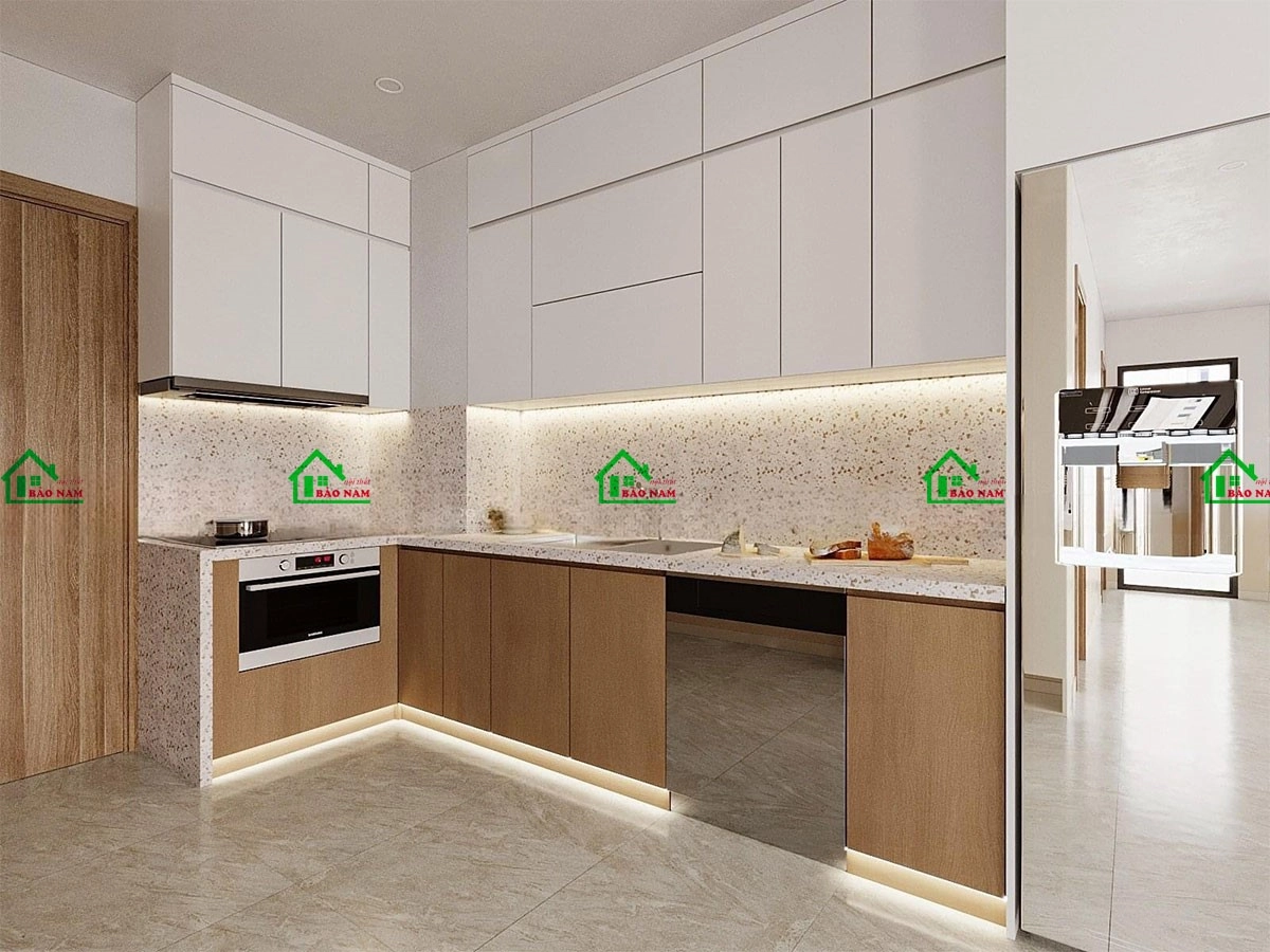 Tủ bếp chữ L gỗ công nghiệp hiện đại