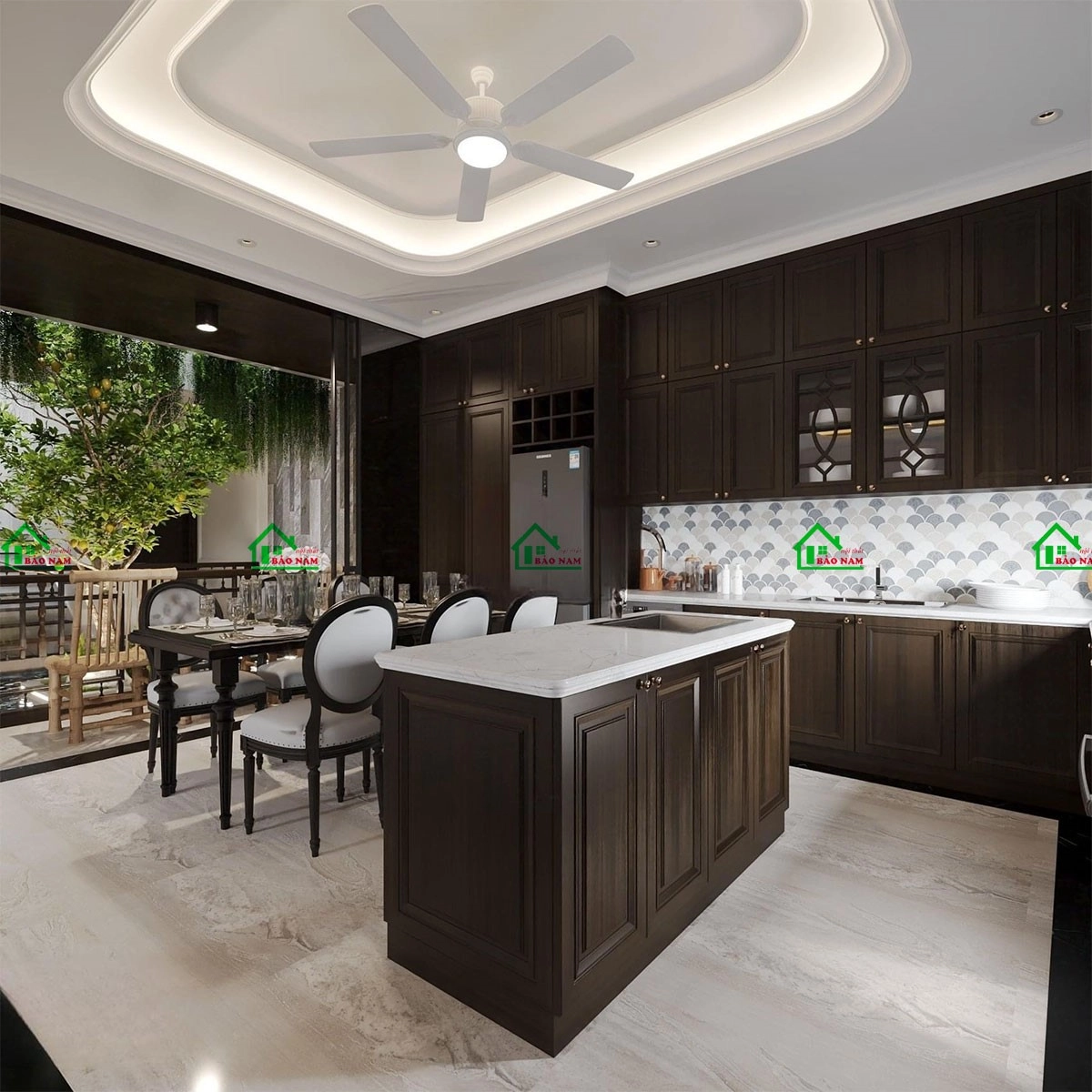 Mẫu tủ bếp gỗ tự nhiên đẹp phong cách Indochine