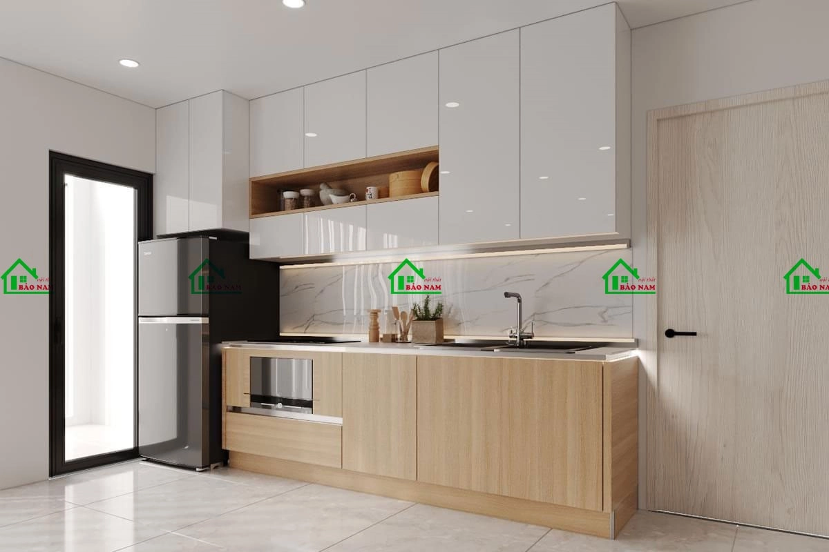 Mẫu tủ bếp gỗ chữ I gỗ công nghiệp hiện đại