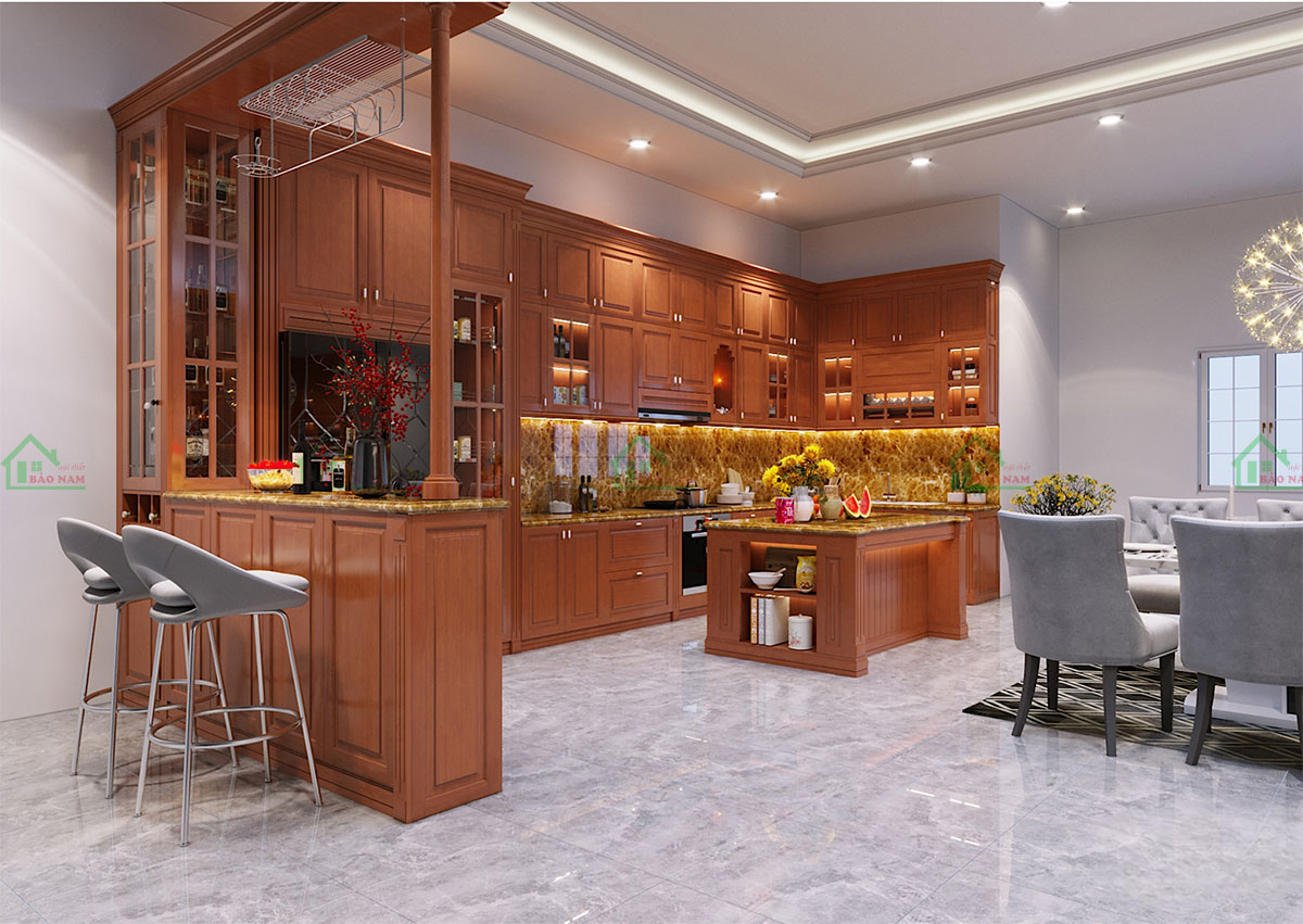 Tủ bếp BTN05 được thiết kế theo phong cách Tân cổ điển