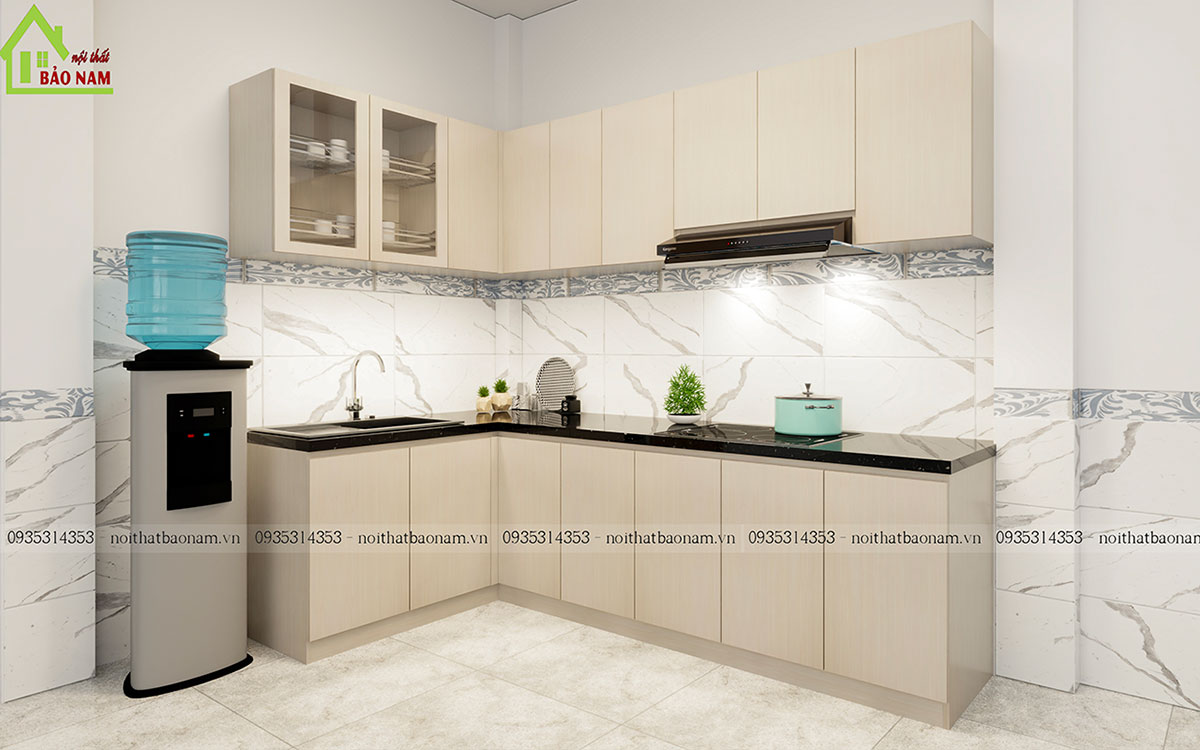 Thiết kế tủ bếp góc L tiện ích, tối ưu hóa không gian bếp.
