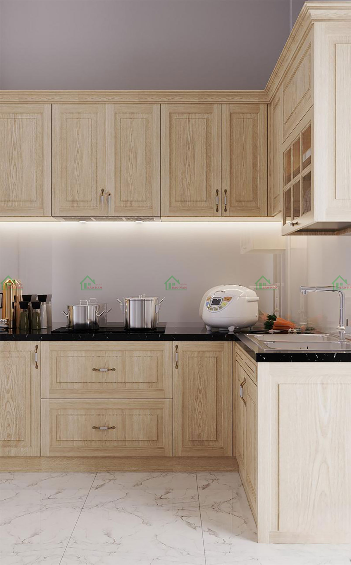 Tủ bếp gỗ sồi tự nhiên cao cấp, mang lại vẻ đẹp cổ điển và độ bền vượt trội.