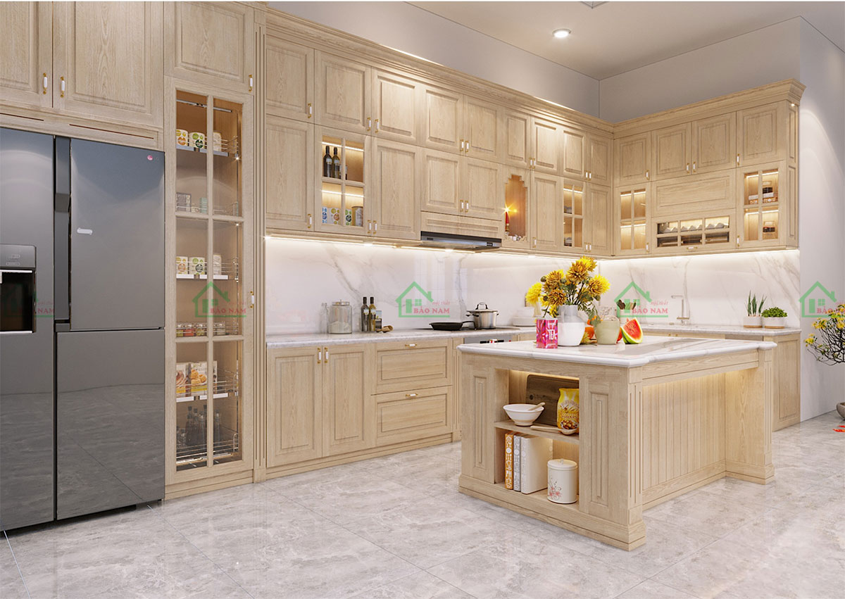Mẫu tủ bếp BTN06 sử dụng gỗ tự nhiên Sồi cao cấp, mang lại vẻ đẹp cổ điển và độ bền cao.