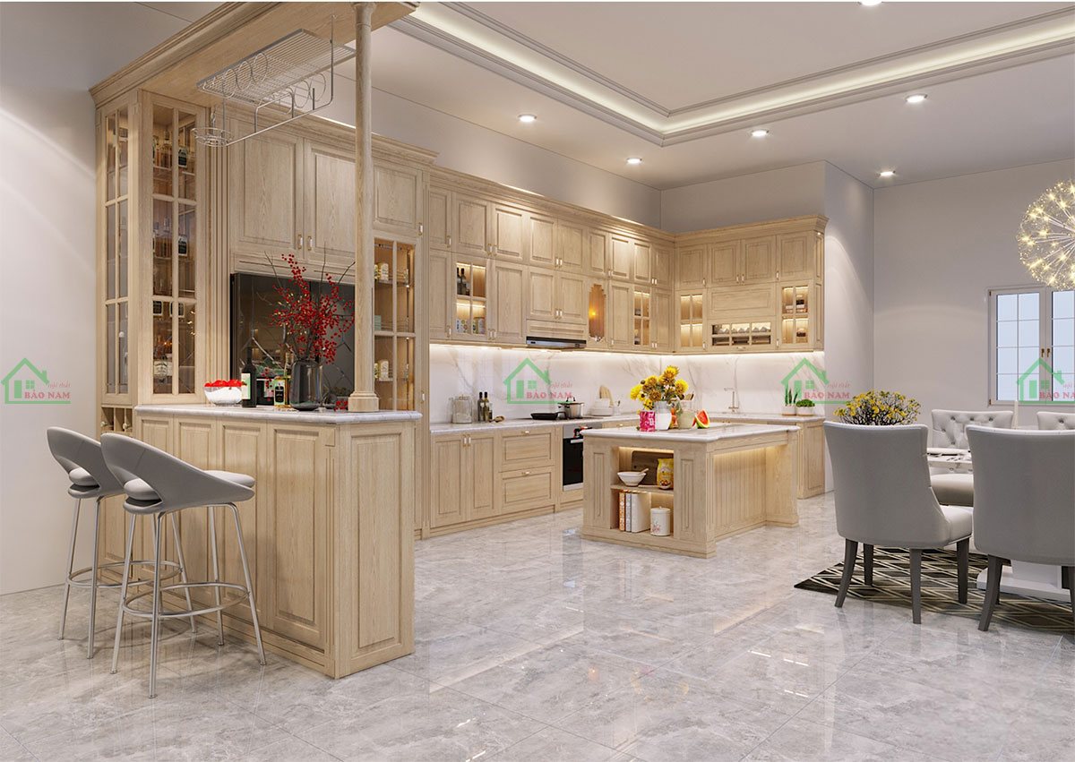 Thiết kế chữ L tích hợp quầy bar cho tủ bếp, tạo nên một không gian linh hoạt và đa chức năng.