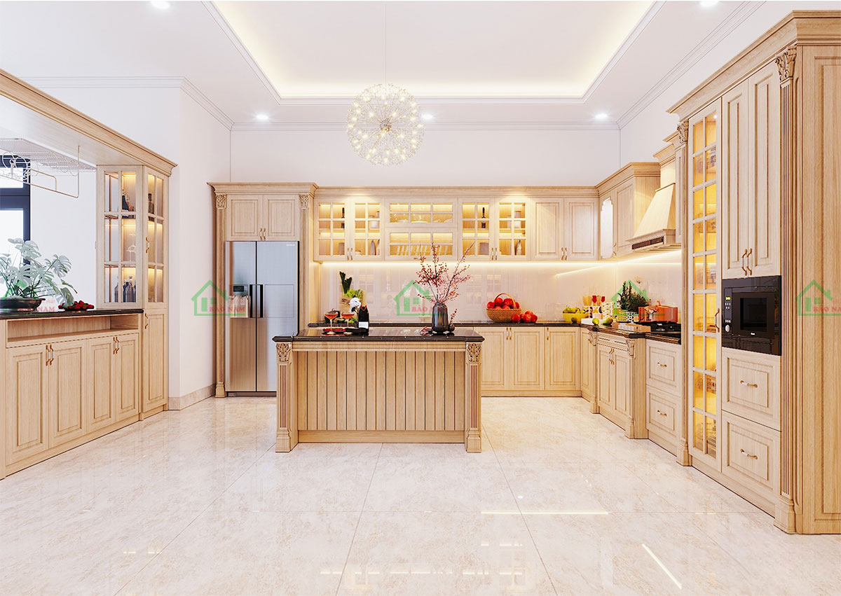Mẫu Tủ Bếp Gỗ Tự Nhiên Cao Cấp Cho Biệt Thự Sang Trọng BTN11