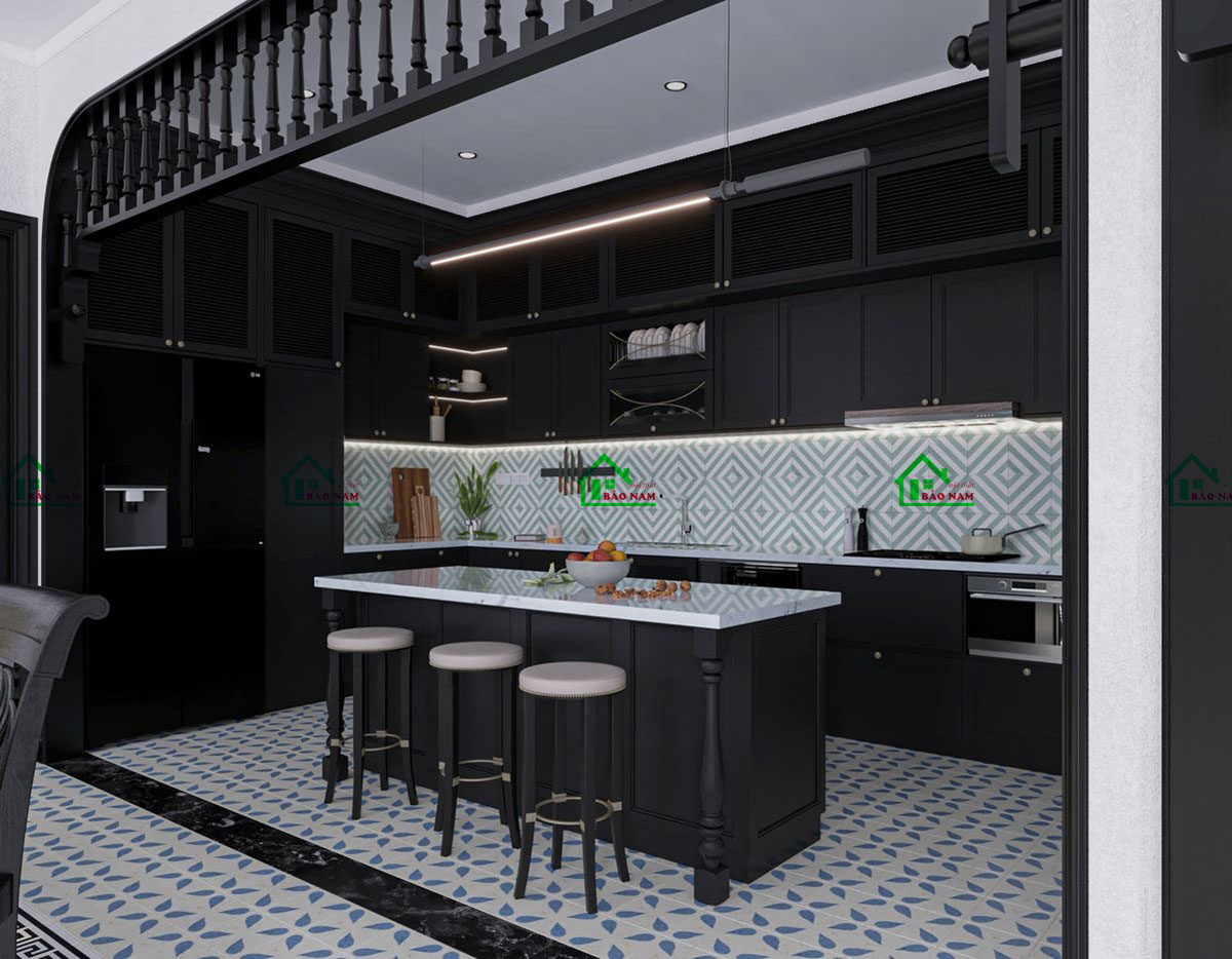 Mẫu Tủ Bếp Gỗ Tự Nhiên Đẹp Phong Cách Indochine BTN14