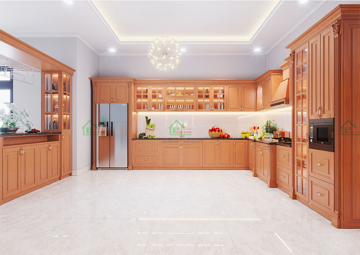 Mẫu Tủ Bếp Gỗ Gõ Đỏ Tự Nhiên Cao Cấp Cho Biệt Thự Sang Trọng BTN12