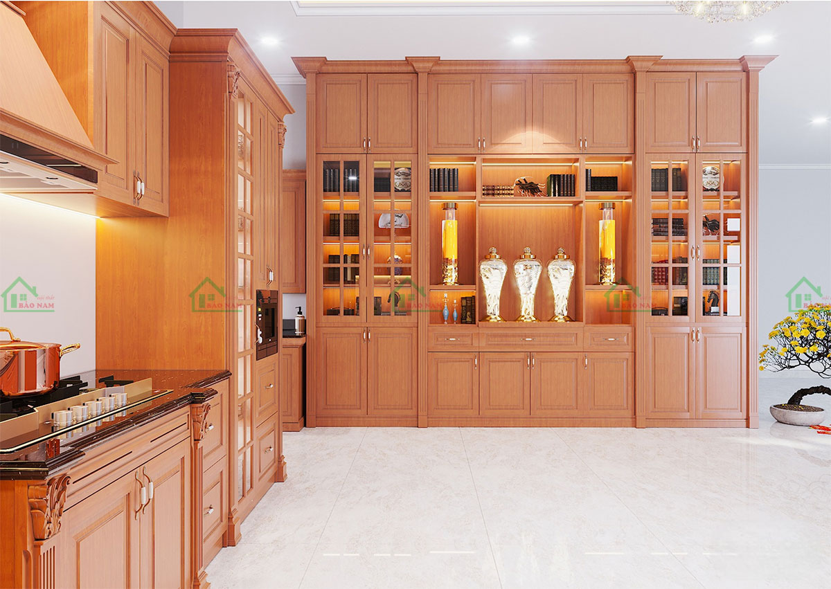 Kết hợp tủ rượu trang trí, thể hiện sự sang trọng và đẳng cấp của không gian.