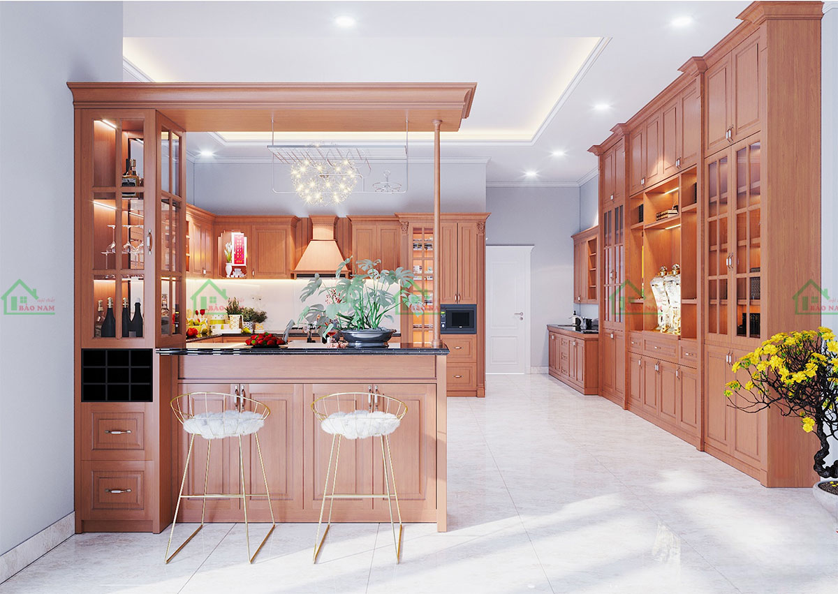 Bố trí quầy bar tích hợp vào thiết kế, tạo điểm nhấn và không gian tiếp khách.