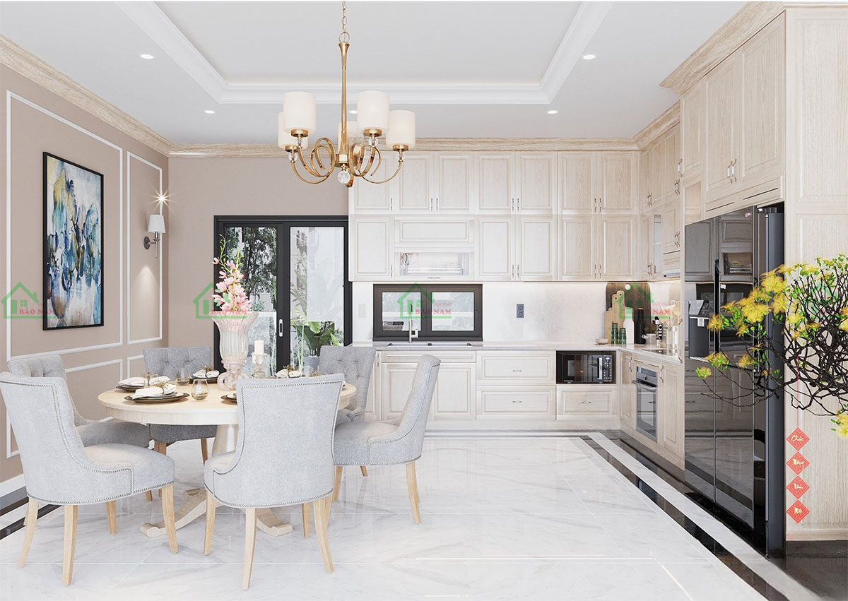 Thiết kế tủ bếp phong cách tân cổ điển, kết hợp giữa nét cổ điển và hiện đại.