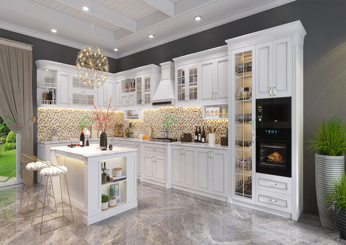 Mẫu tủ bếp BTN13 này được thi công từ vật liệu gỗ tự nhiên, mang đến vẻ đẹp ấm áp, bền bỉ và sang trọng cho không gian.