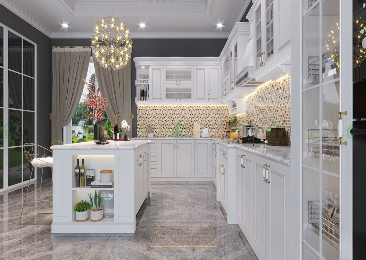 Mẫu Tủ Bếp Gỗ Tự Nhiên Sơn Trắng Có Bàn Đảo Hiện Đại Đẹp BTN13