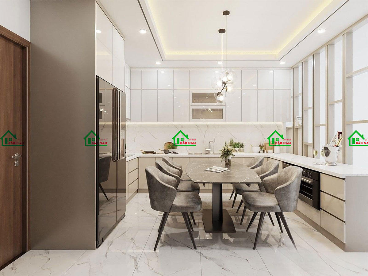 Thiết kế tủ bếp TBA53 dạng chữ U tối ưu hóa không gian bếp, tạo cảm giác rộng rãi và thông thoáng.