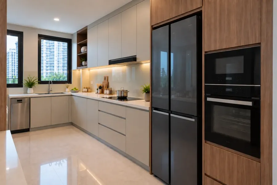 Tủ bếp nhựa sau khi hoàn thiện với hệ tủ cao kịch trần, tủ trên và tủ dưới được bố trí theo mặt bằng thực tế.