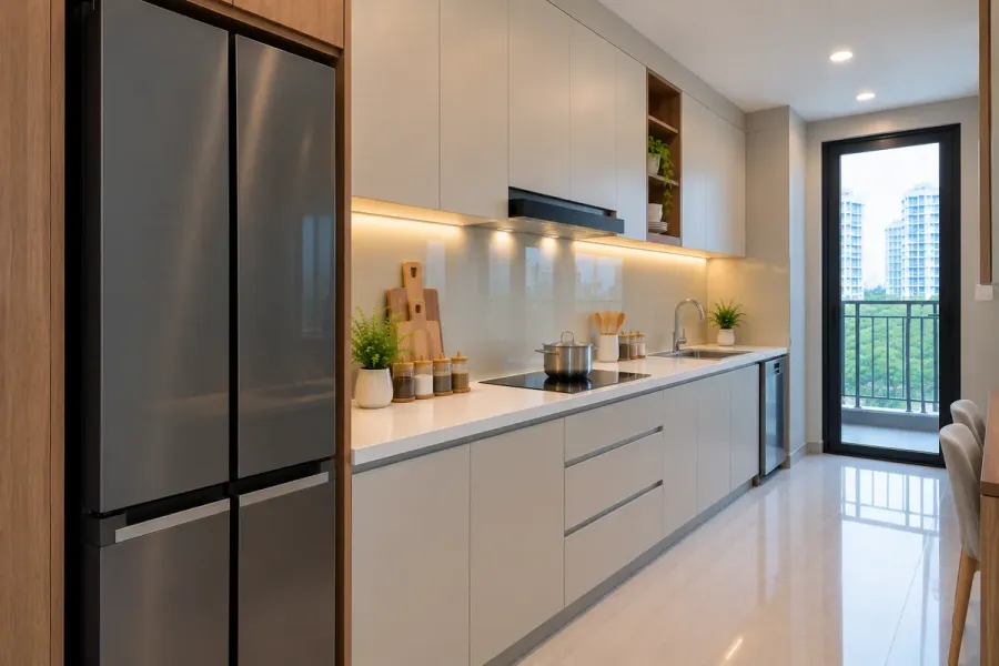 Tủ bếp nhựa PVC hoàn thiện với khu vực chậu rửa, bếp nấu và tủ lạnh bố trí trên cùng hệ bếp.