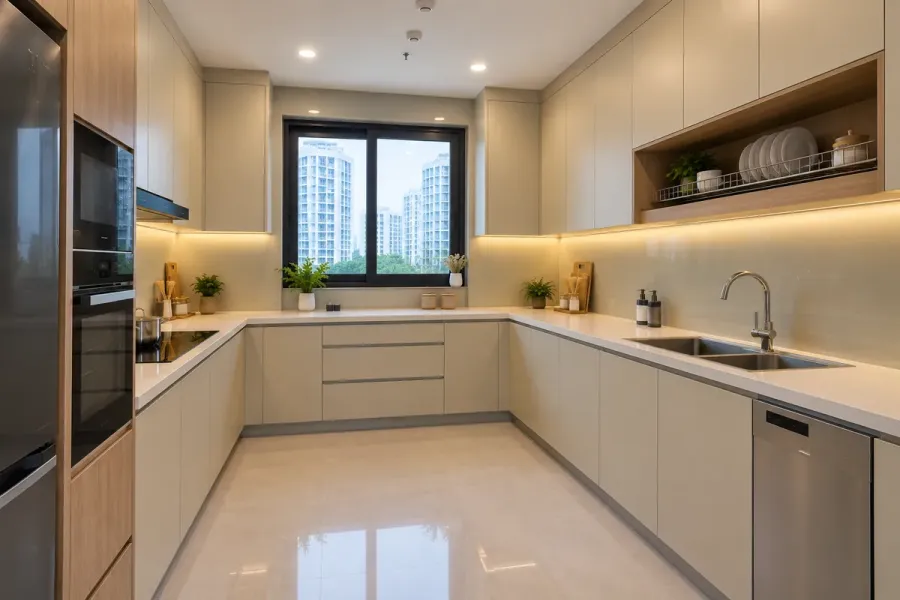 Tổng thể tủ bếp nhựa sau khi hoàn thiện với hệ tủ trên, tủ dưới và thiết bị được bố trí theo không gian thực tế.