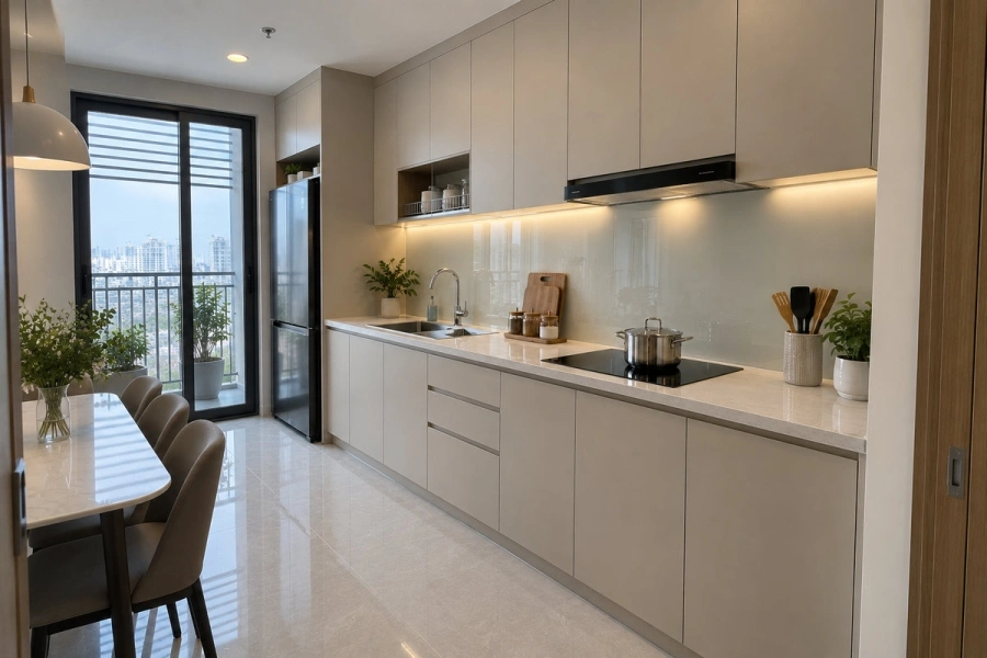 Mẫu tủ bếp nhựa WPB hiện đại hoàn thiện theo dạng chữ I trong không gian bếp căn hộ.
