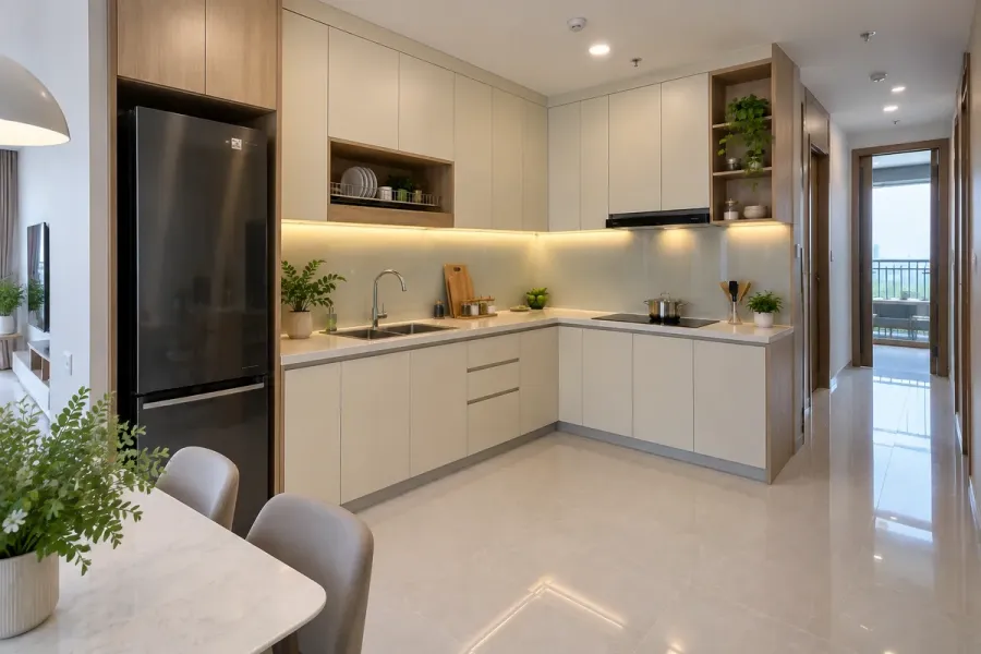 Tủ bếp nhựa hoàn thiện theo dạng chữ L, kết hợp các khu vực lưu trữ và thiết bị trong cùng không gian bếp.