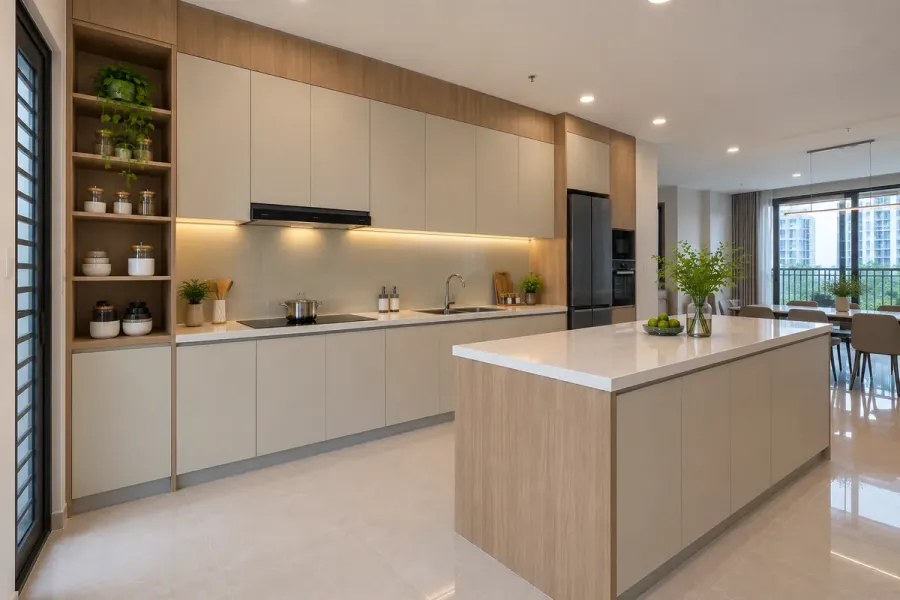 Tổng thể tủ bếp và đảo bếp sau khi bố trí cho thấy khoảng sử dụng giữa hai hệ tủ trong không gian thực tế.