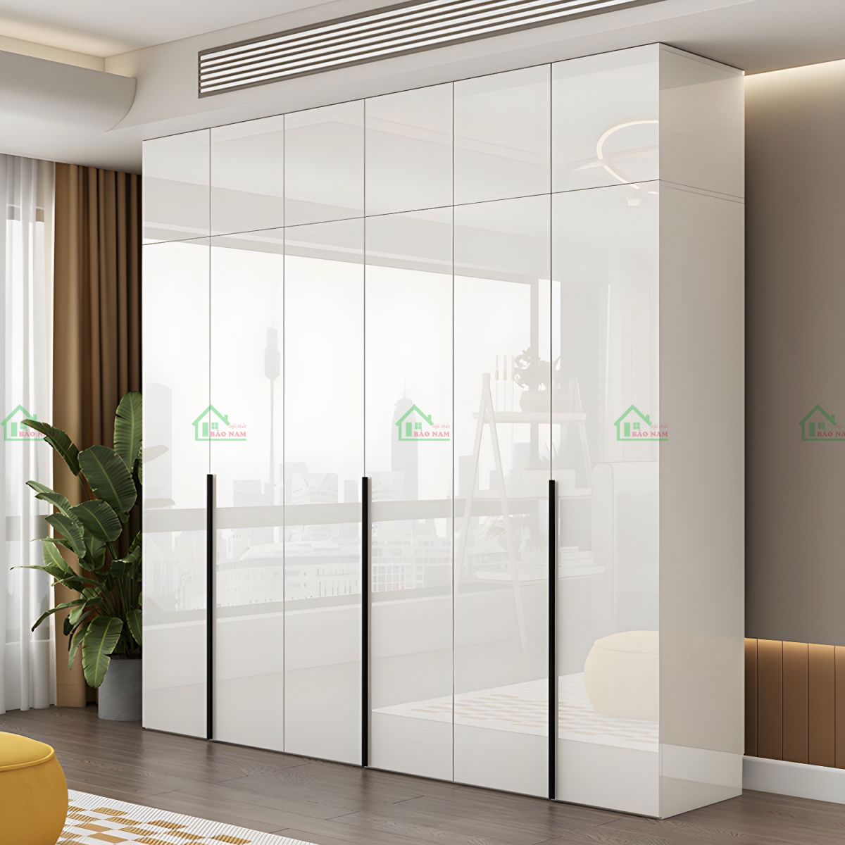 Thiết kế hiện đại, tinh tế với cánh tủ acrylic trắng sáng bóng.