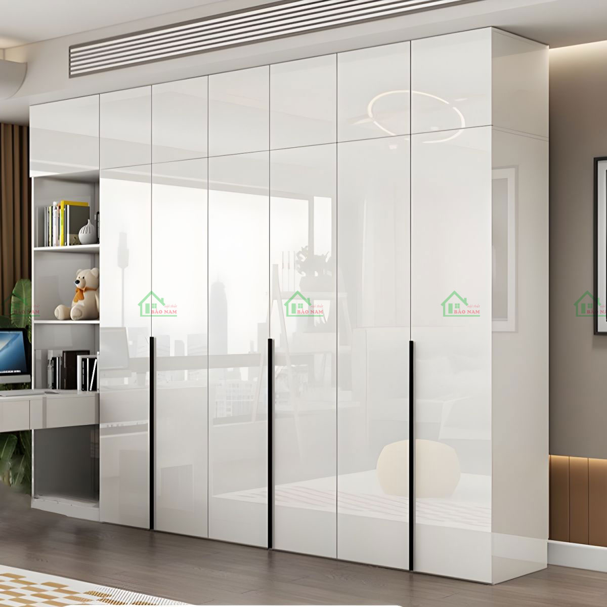 Sử dụng vật liệu Acrylic bóng gương trong suốt và sáng bóng cho cánh tủ, tạo nên vẻ ngoài tinh tế, thanh lịch.