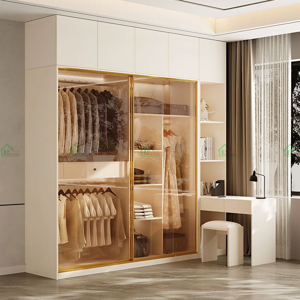 Tủ Quần Áo Cánh Kính Lùa Màu Trà Đẹp Hiện Đại TK30