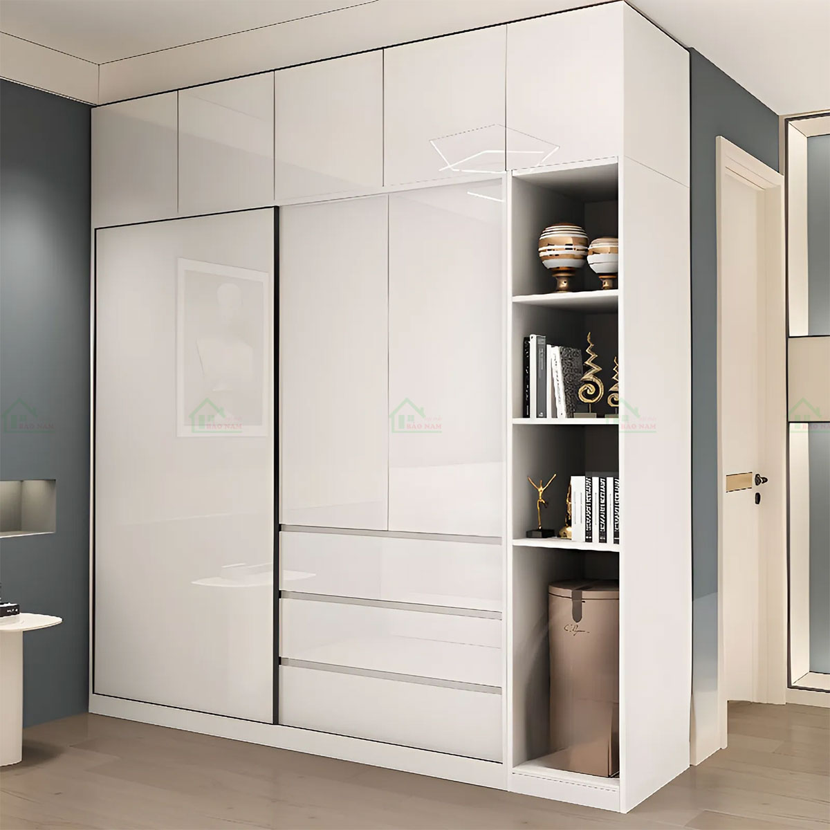 Mẫu Tủ Quần Áo Cửa Lùa Acrylic Bóng Gương Màu Trắng Hiện Đại TAL05