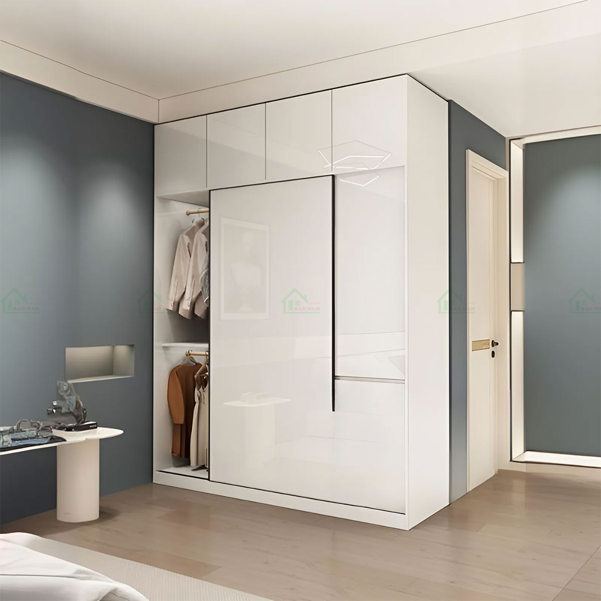 Thiết kế tủ quần áo cửa lùa acrylic bóng gương