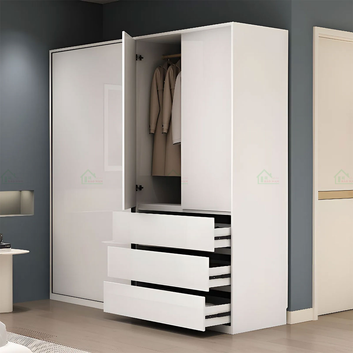 Mẫu Tủ Quần Áo Cửa Lùa Acrylic Bóng Gương Màu Trắng Hiện Đại TAL05
