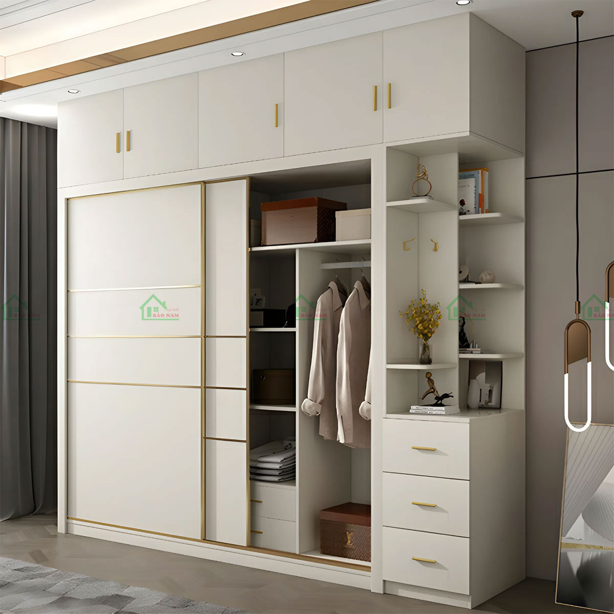 Thiết kế 2 cánh lùa âm màu be sáng tinh tế, tối ưu không gian.