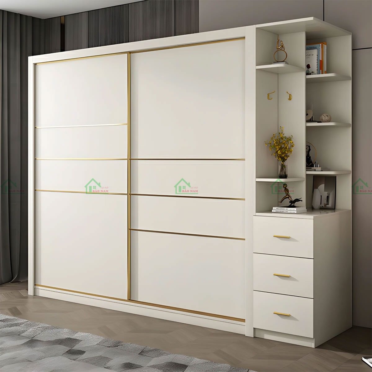 Thiết kế kịch trần, kết hợp kệ góc trang trí đa năng.