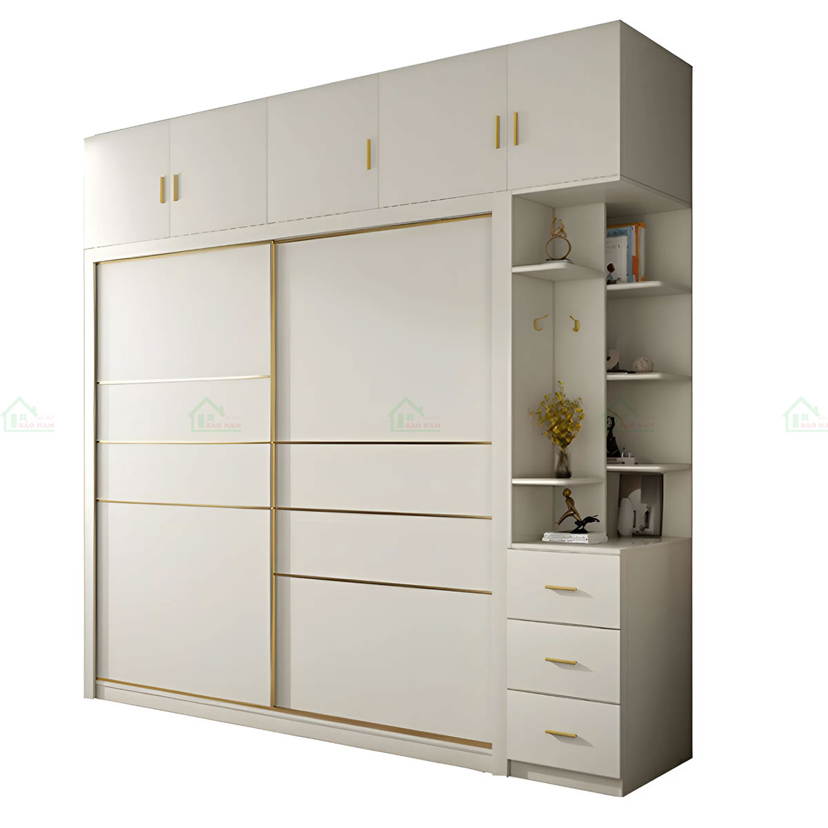 Bố trí các kệ góc giúp tận dụng tối đa không gian và lưu trữ thêm các vật dụng cá nhân.