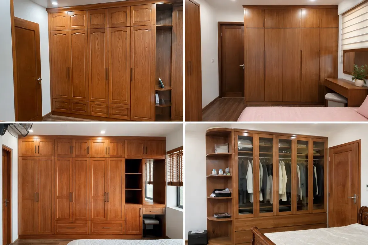 Một số mẫu tủ quần áo gỗ gõ đỏ được nhiều gia đình lựa chọn.