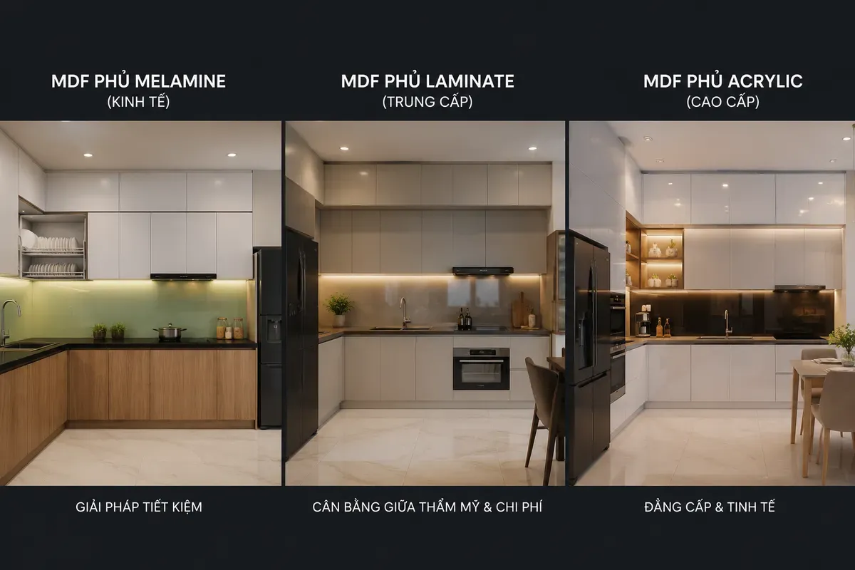 Các phân khúc tủ bếp từ phổ thông đến cao cấp với vật liệu và mức hoàn thiện khác nhau.