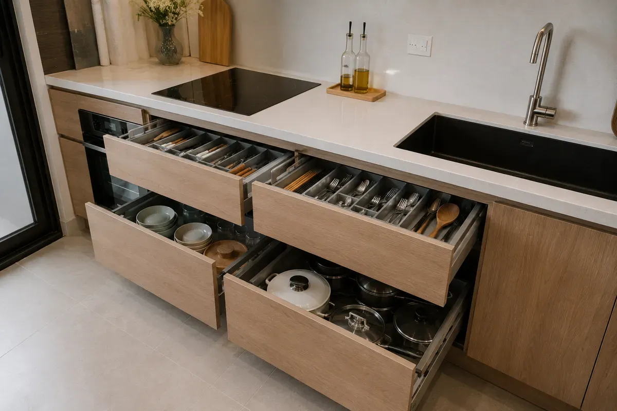 Hệ ngăn kéo giúp sắp xếp dụng cụ nhà bếp gọn gàng và thuận tiện.