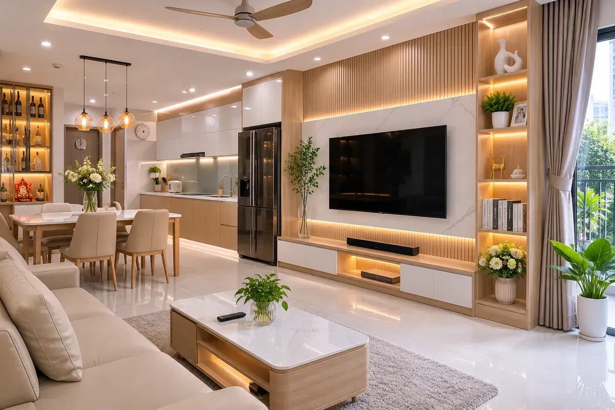 Nội thất chung cư thường được thi công đồng bộ để tối ưu chi phí.