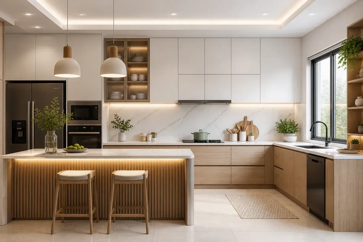 Không gian phòng bếp hiện đại, bố trí gọn gàng