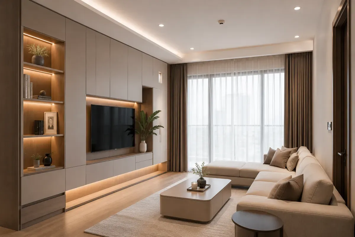 Nội thất đồng bộ giúp phòng khách chung cư gọn gàng và tiện nghi hơn
