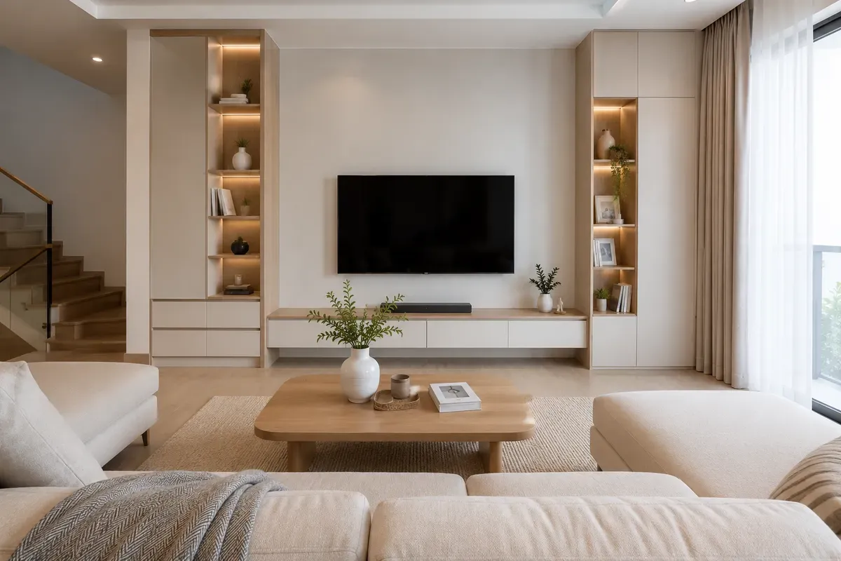 Sự đồng bộ giúp tổng thể phòng khách hiện đại và sang trọng.