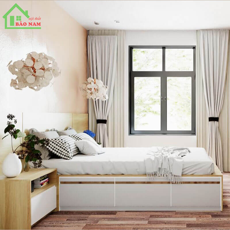 Giường ngủ màu vân gỗ kết hợp màu trắng